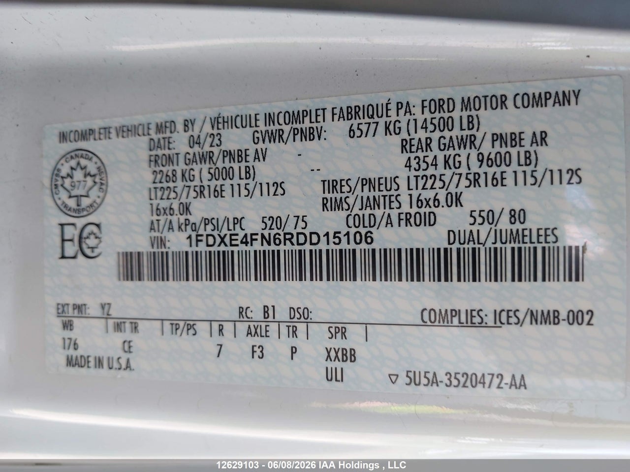 1FDXE4FN6RDD15106 · 2024 FORD ECONOLINE E450 SUPER DUTY CUTAWAY VAN · 9/15
