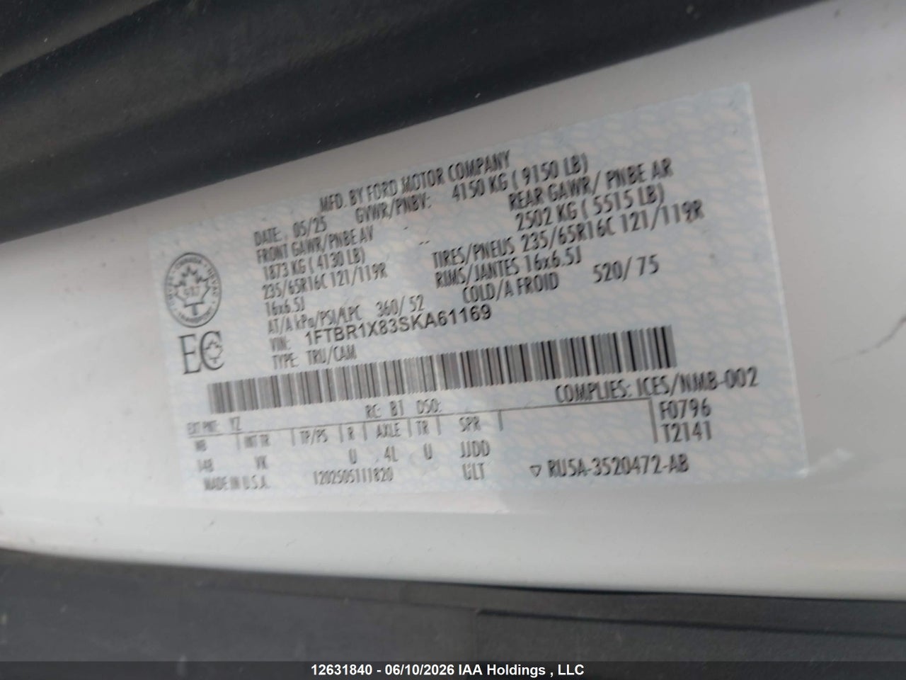 1FTBR1X83SKA61169 · 2025 FORD transit t-250 · 9/24