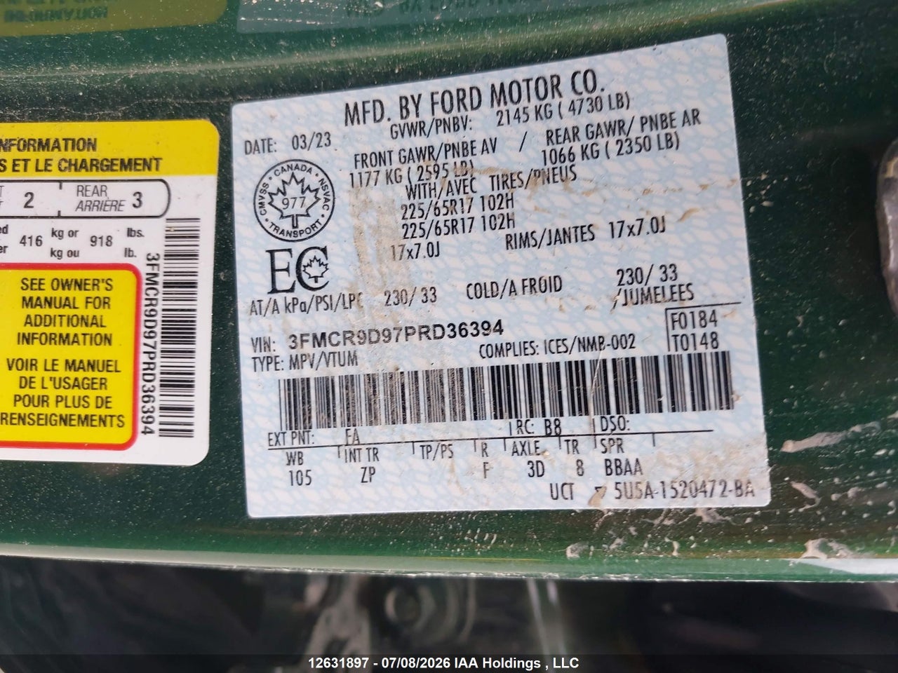 3FMCR9D97PRD36394 · 2023 FORD BRONCO SPORT BADLANDS · 9/19