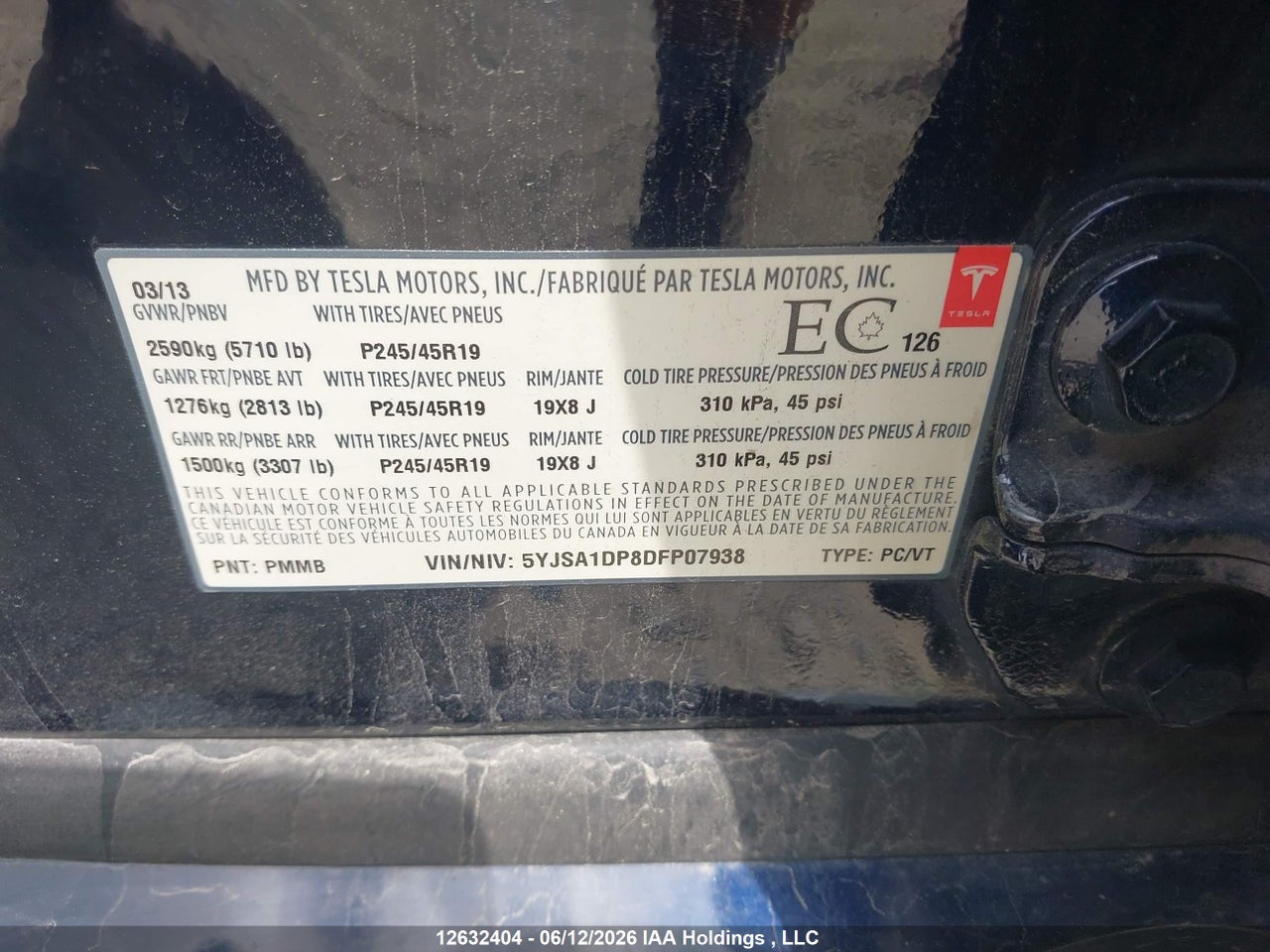 5YJSA1DP8DFP07938 · 2013 TESLA MODEL S · 9/21
