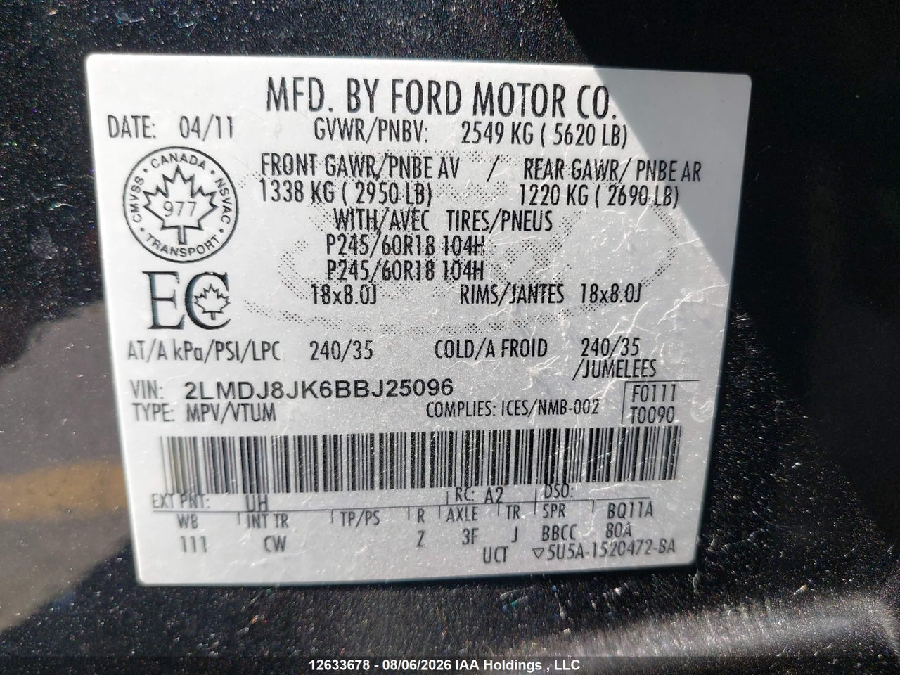 2LMDJ8JK6BBJ25096 · 2011 LINCOLN MKX · 9/21