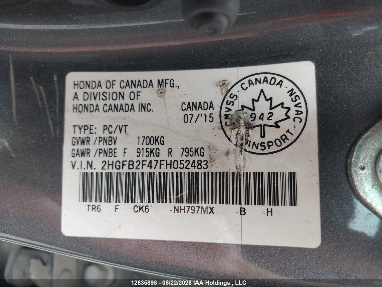 2HGFB2F47FH052483 · 2015 HONDA CIVIC · 9/22