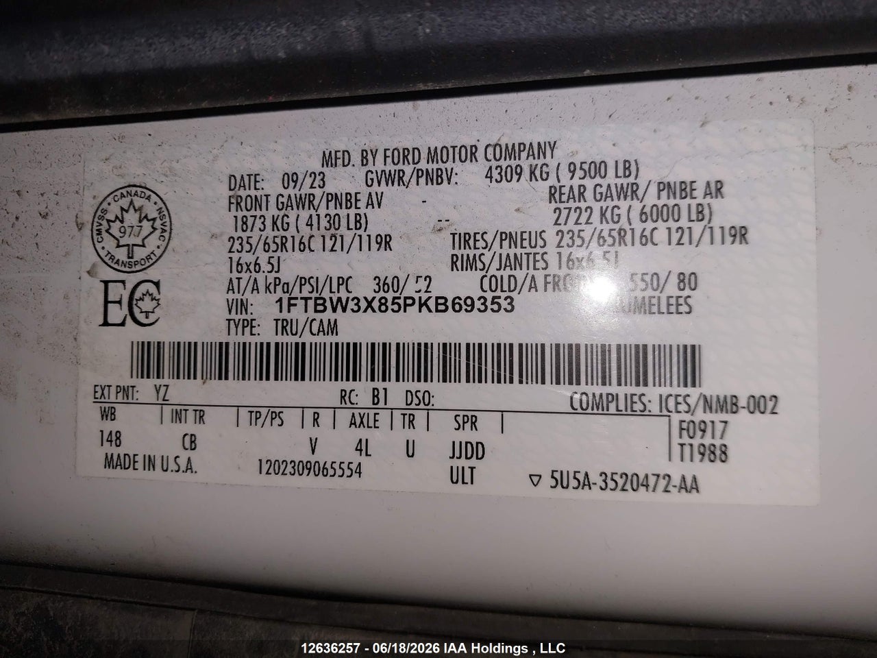 1FTBW3X85PKB69353 · 2023 FORD TRANSIT T-350 · 9/24