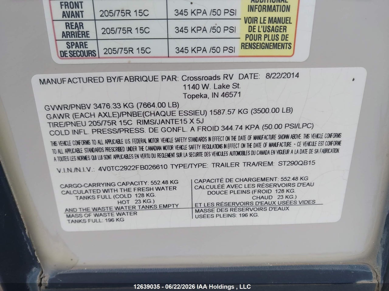 4V0TC2922FB****** · 2015 CROSSROADS Sunset Trail · 9/13