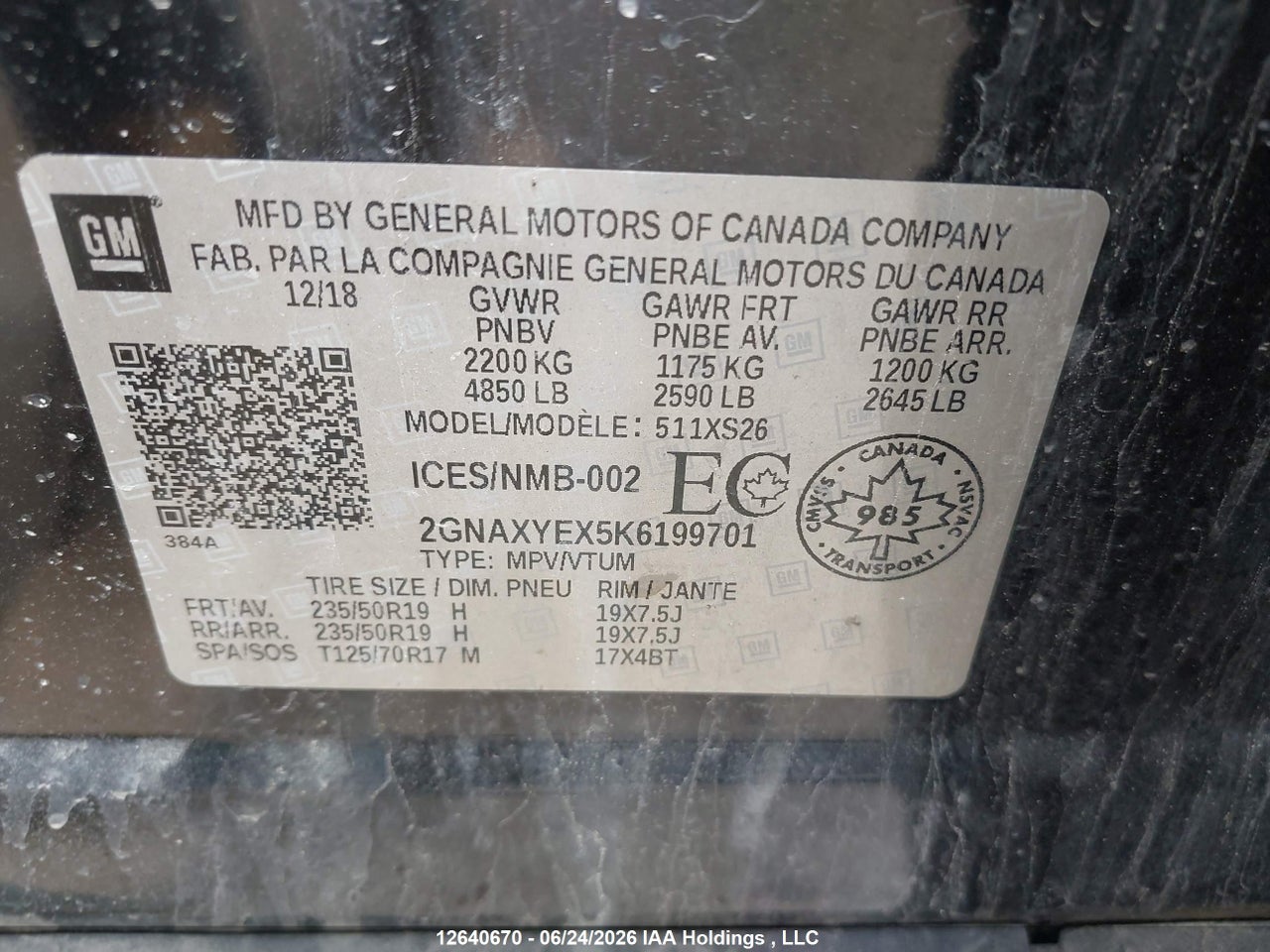 2GNAXYEX5K6199701 · 2019 CHEVROLET EQUINOX PREMIER · 9/17