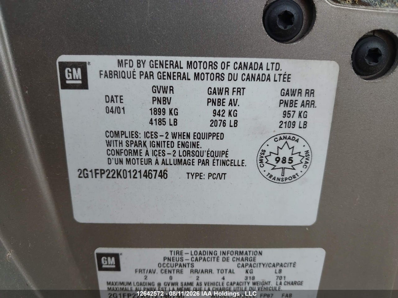 2G1FP22K012146746 · 2001 CHEVROLET CAMARO · 9/18