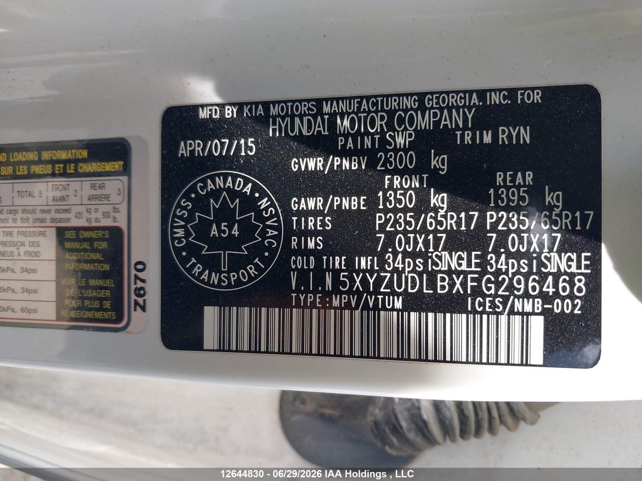 5XYZUDLBXFG296468 · 2015 HYUNDAI SANTA FE · 9/19