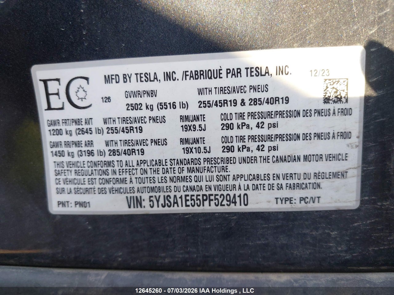 5YJSA1E55PF529410 · 2023 TESLA MODEL S AWD/STANDARD RANGE · 9/20