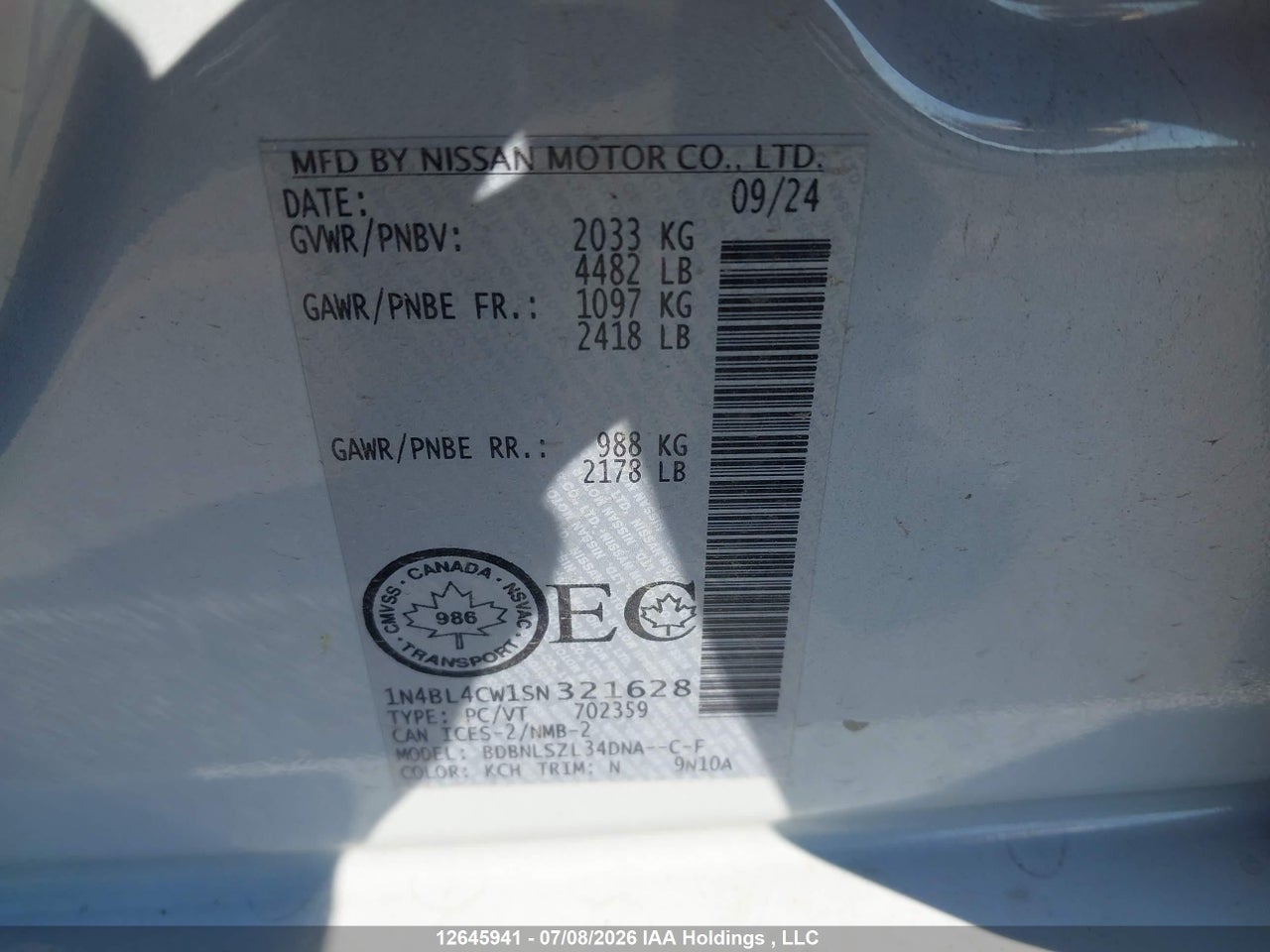 1N4BL4CW1SN321628 · 2025 NISSAN ALTIMA SR · 9/24
