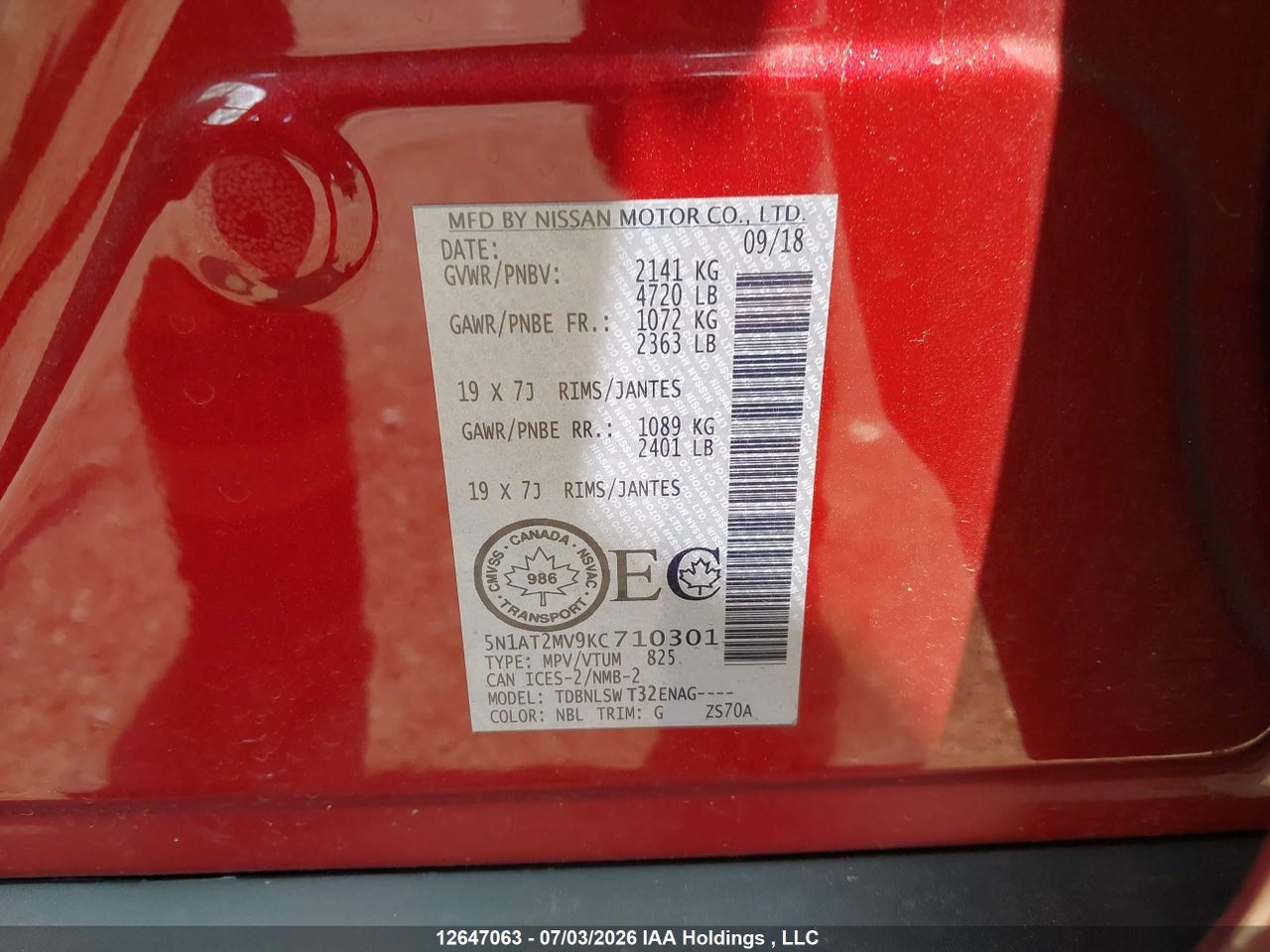 5N1AT2MV9KC710301 · 2019 NISSAN ROGUE S/SL/SV · 9/19