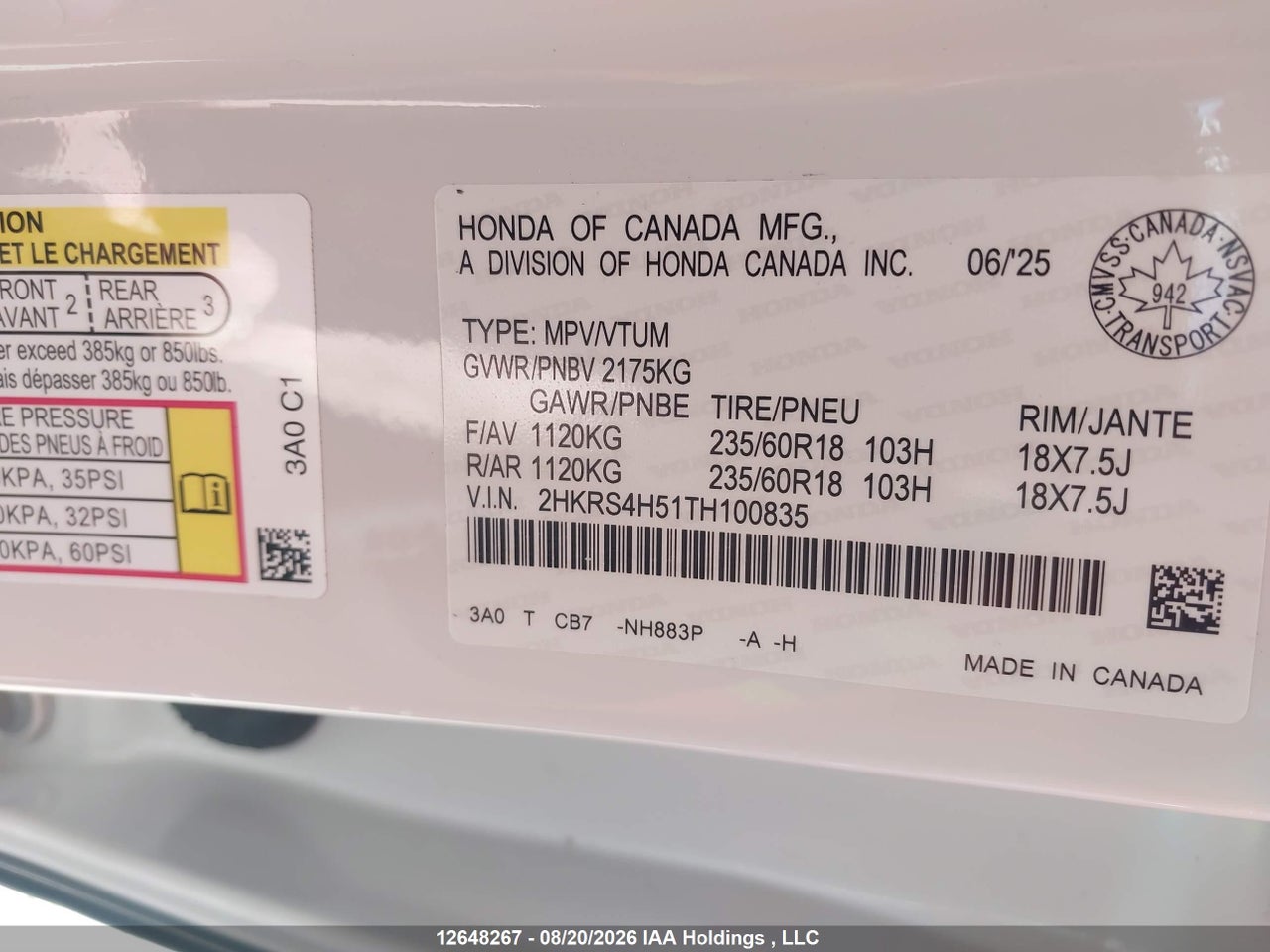 2HKRS4H51TH100835 · 2026 HONDA CR-V SPORT · 9/24