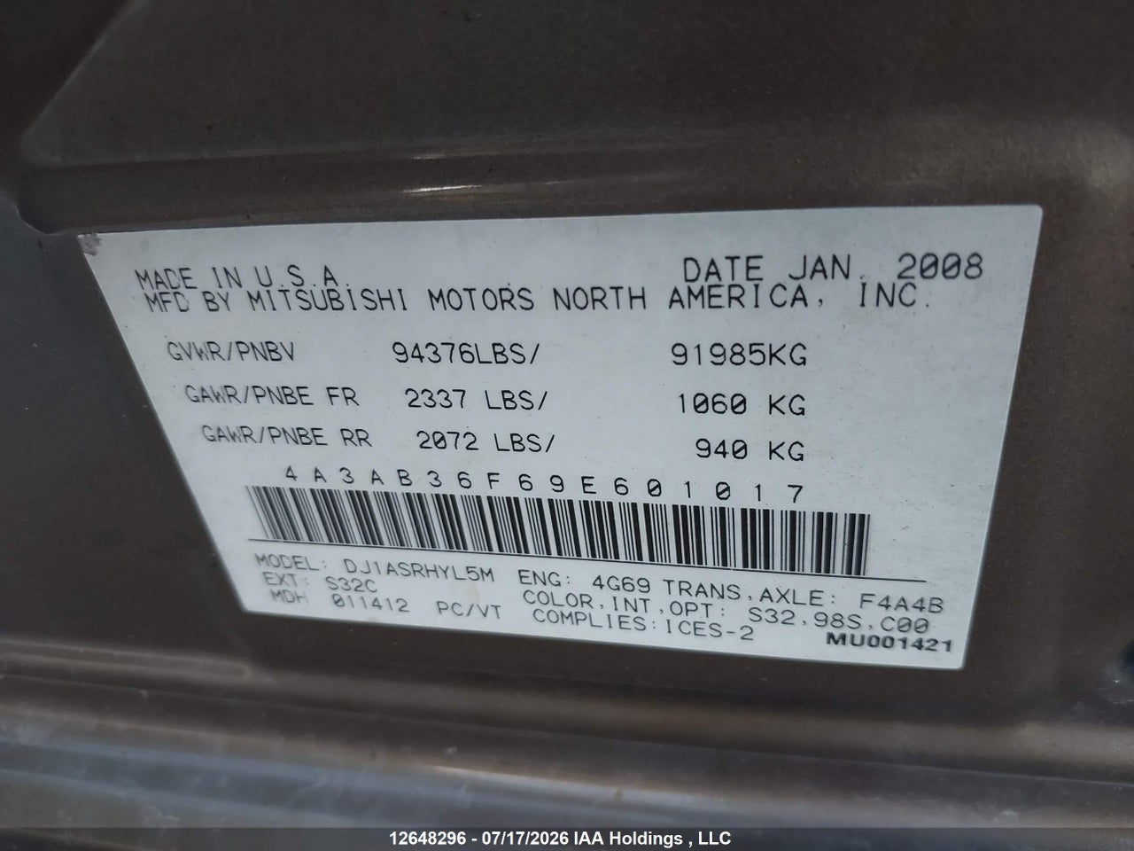 4A3AB36F69E601017 · 2009 MITSUBISHI GALANT ES · 9/18