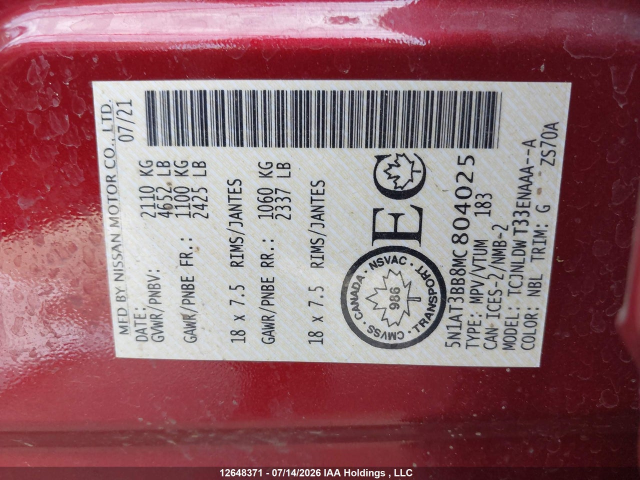 5N1AT3BB8MC804025 · 2021 NISSAN ROGUE SV · 9/20