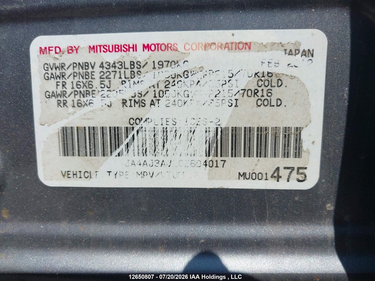 JA4AJ3AU2CZ604017 · 2012 MITSUBISHI RVR SE · 9/21