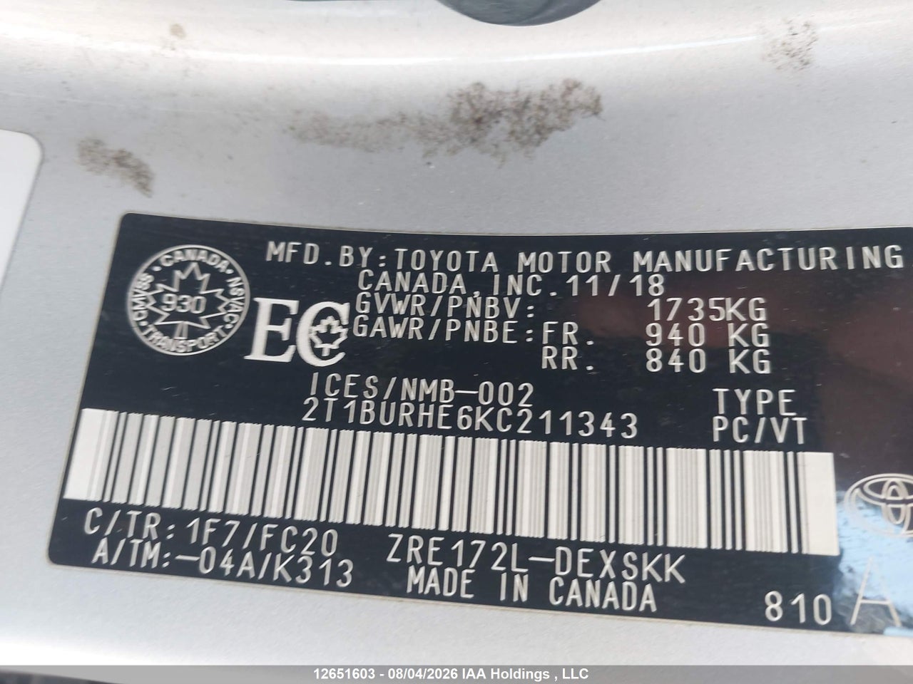 2T1BURHE6KC211343 · 2019 TOYOTA COROLLA L/LE/XLE/SE/XSE · 9/24