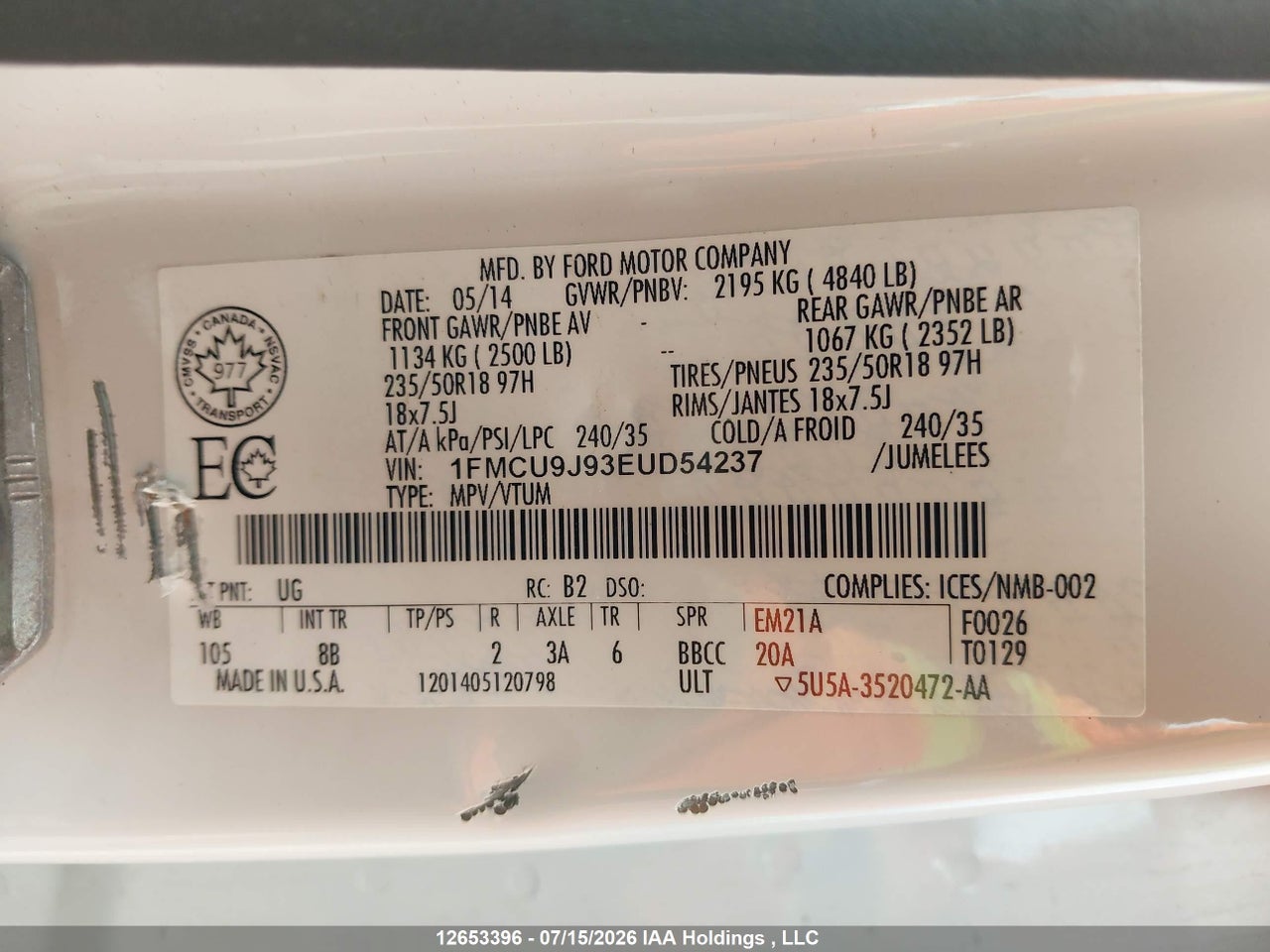 1FMCU9J93EUD54237 · 2014 FORD ESCAPE TITANIUM · 9/24