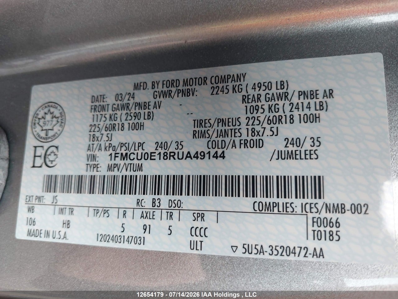 1FMCU0E18RUA49144 · 2024 FORD ESCAPE PHEV · 9/22