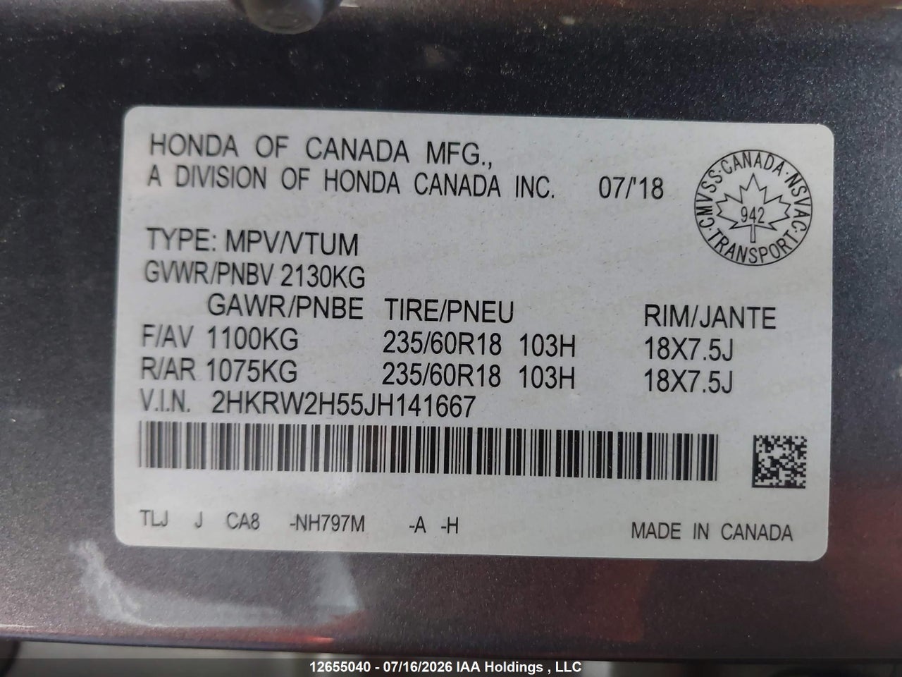 2HKRW2H55JH141667 · 2018 HONDA CR-V EX · 9/22