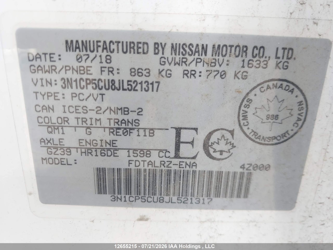 3N1CP5CU8JL521317 · 2018 NISSAN KICKS S/SR/SV · 9/22