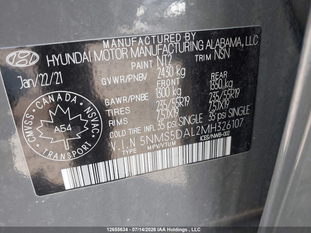 5NMS5DAL2MH326107 · 2021 HYUNDAI SANTA FE CALLIGRAPHY · 9/19