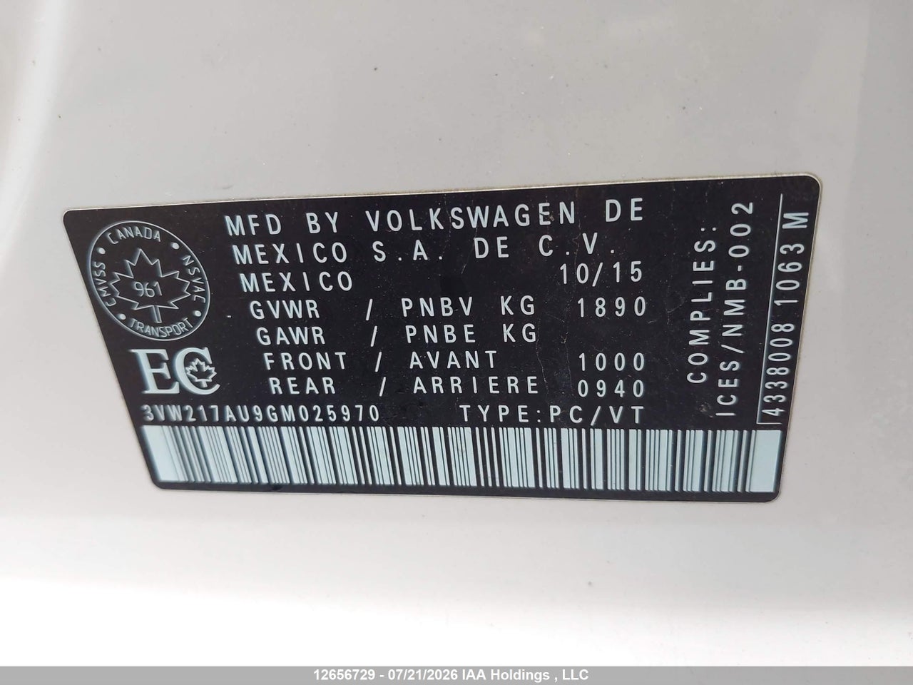 3VW217AU9GM025970 · 2016 VOLKSWAGEN GOLF 1.8 TSI COMFORTLINE/1.8 TSI HIGHLINE/1.8 TSI TRENDLINE · 9/17