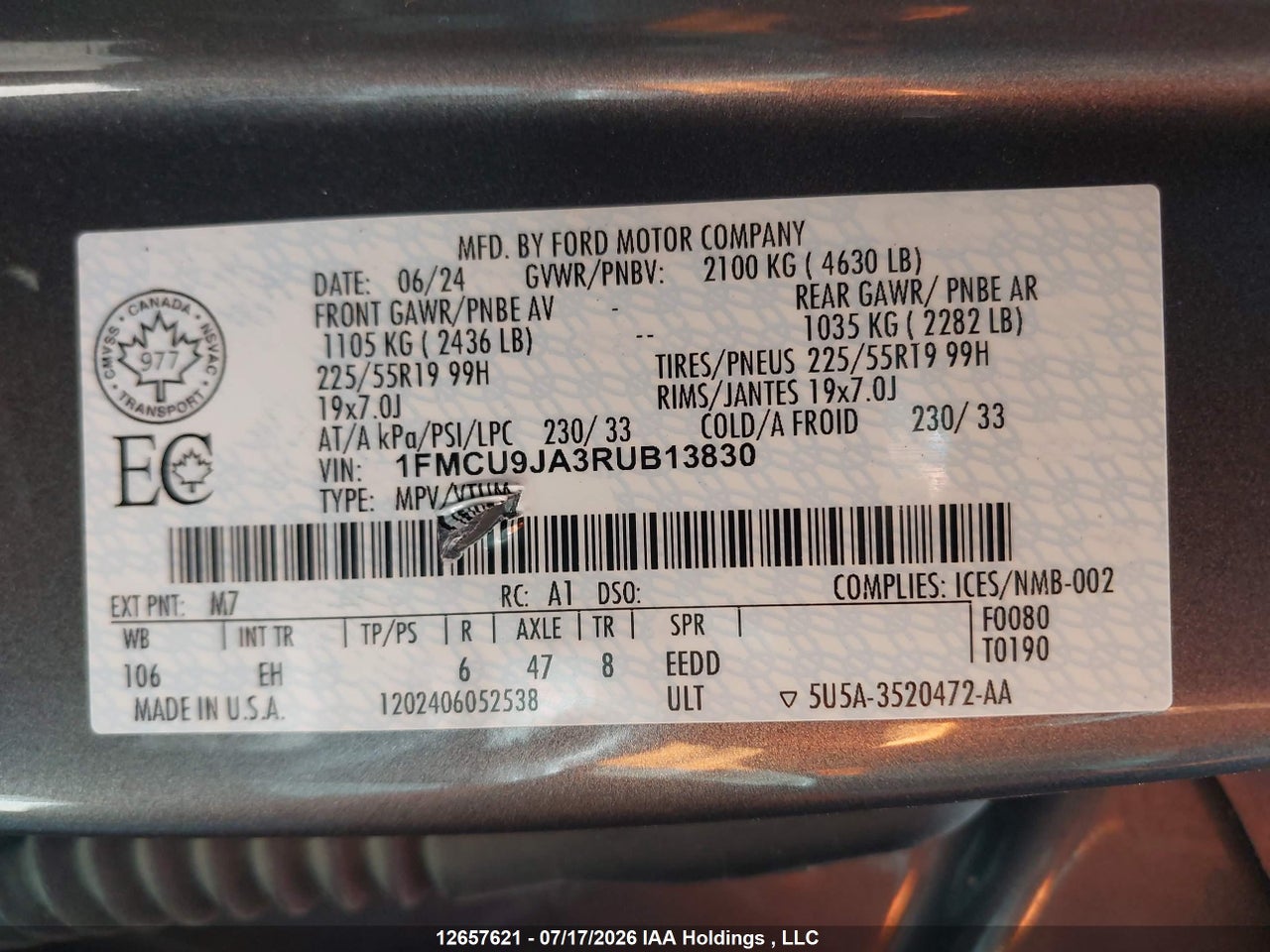 1FMCU9JA3RUB13830 · 2024 FORD ESCAPE PLATINUM · 9/22