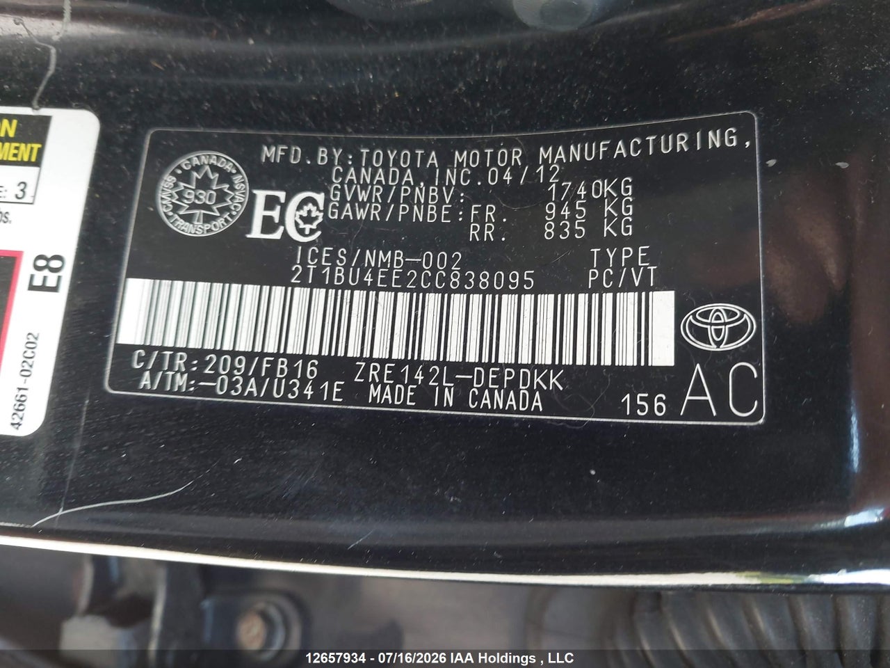 2T1BU4EE2CC838095 · 2012 TOYOTA COROLLA CE · 9/20