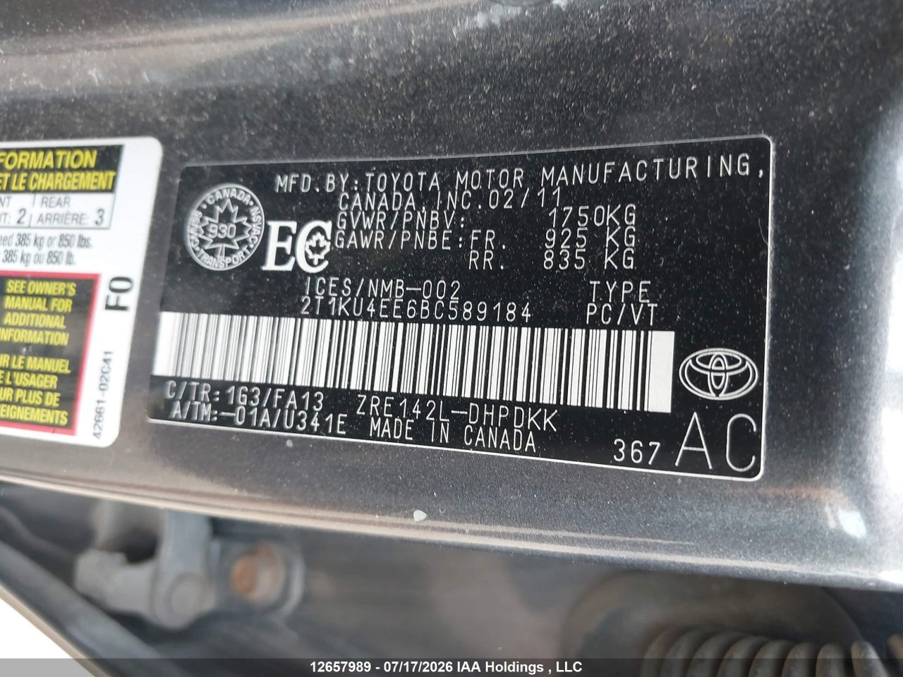 2T1KU4EE6BC589184 · 2011 TOYOTA COROLLA MATRIX · 9/19