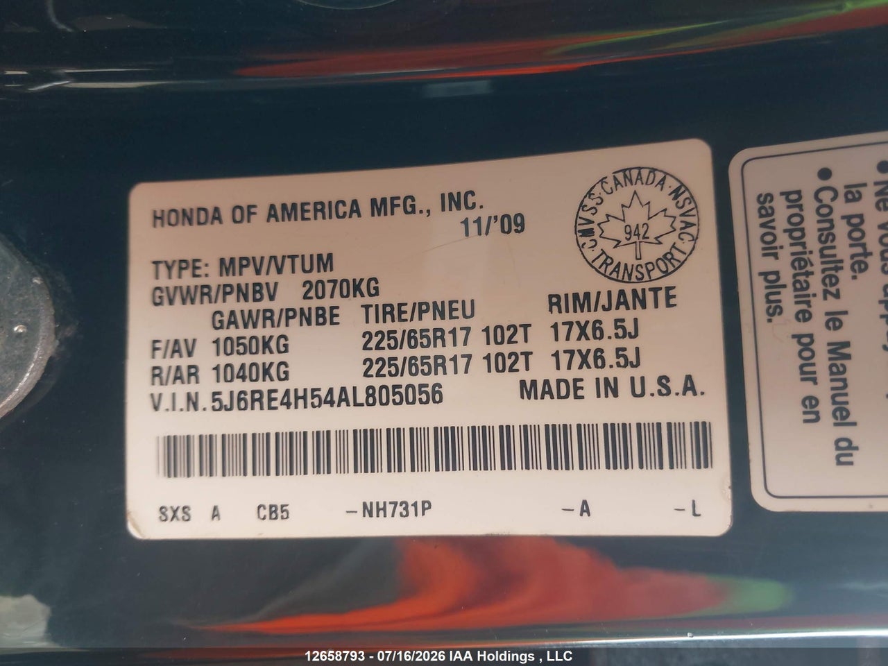 5J6RE4H54AL805056 · 2010 HONDA CR-V EX · 10/23