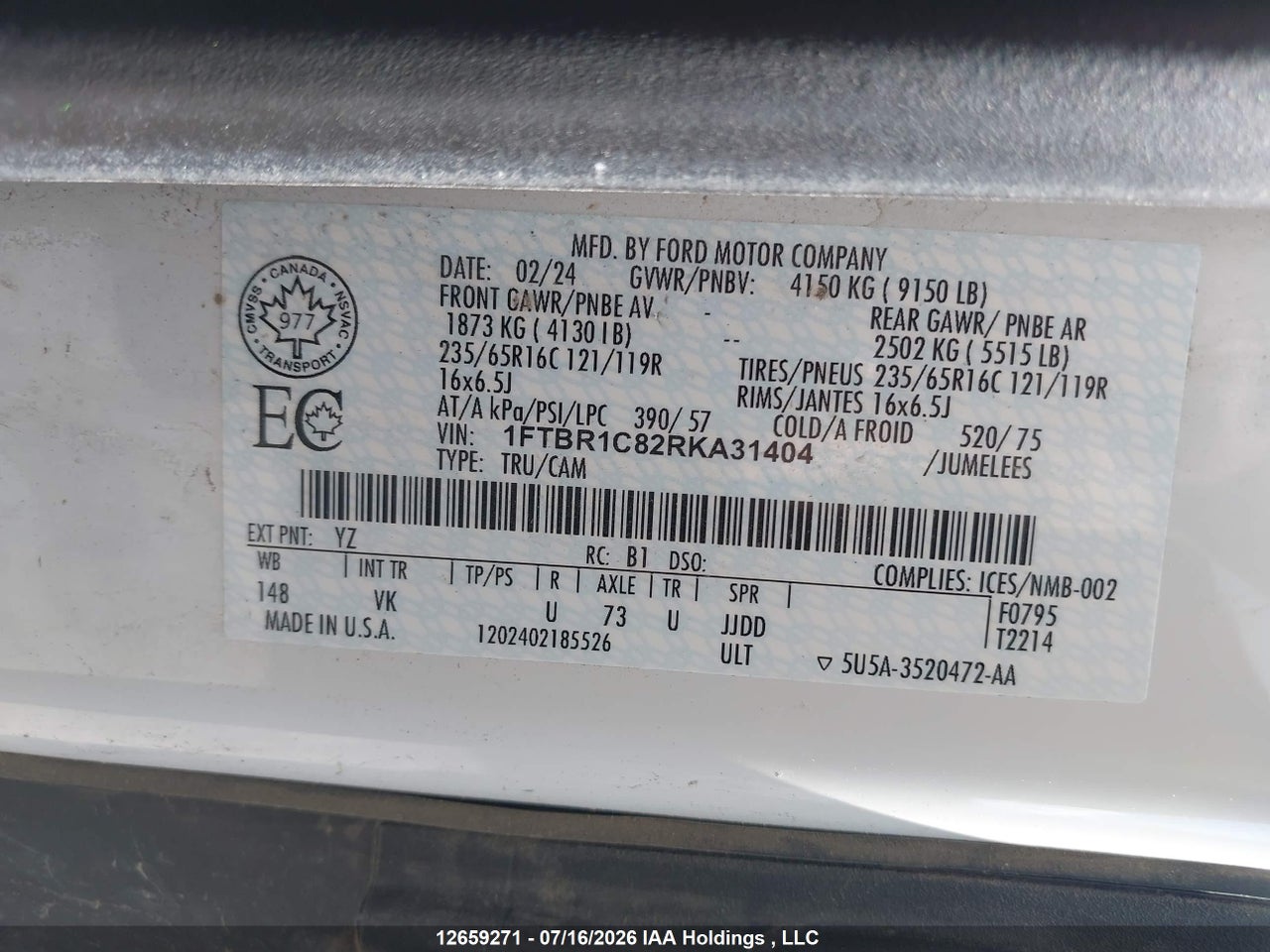1FTBR1C82RKA31404 · 2024 FORD transit t-250 · 9/24