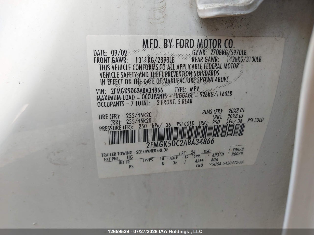 2FMGK5DC2ABA34866 · 2010 FORD FLEX LIMITED · 9/18