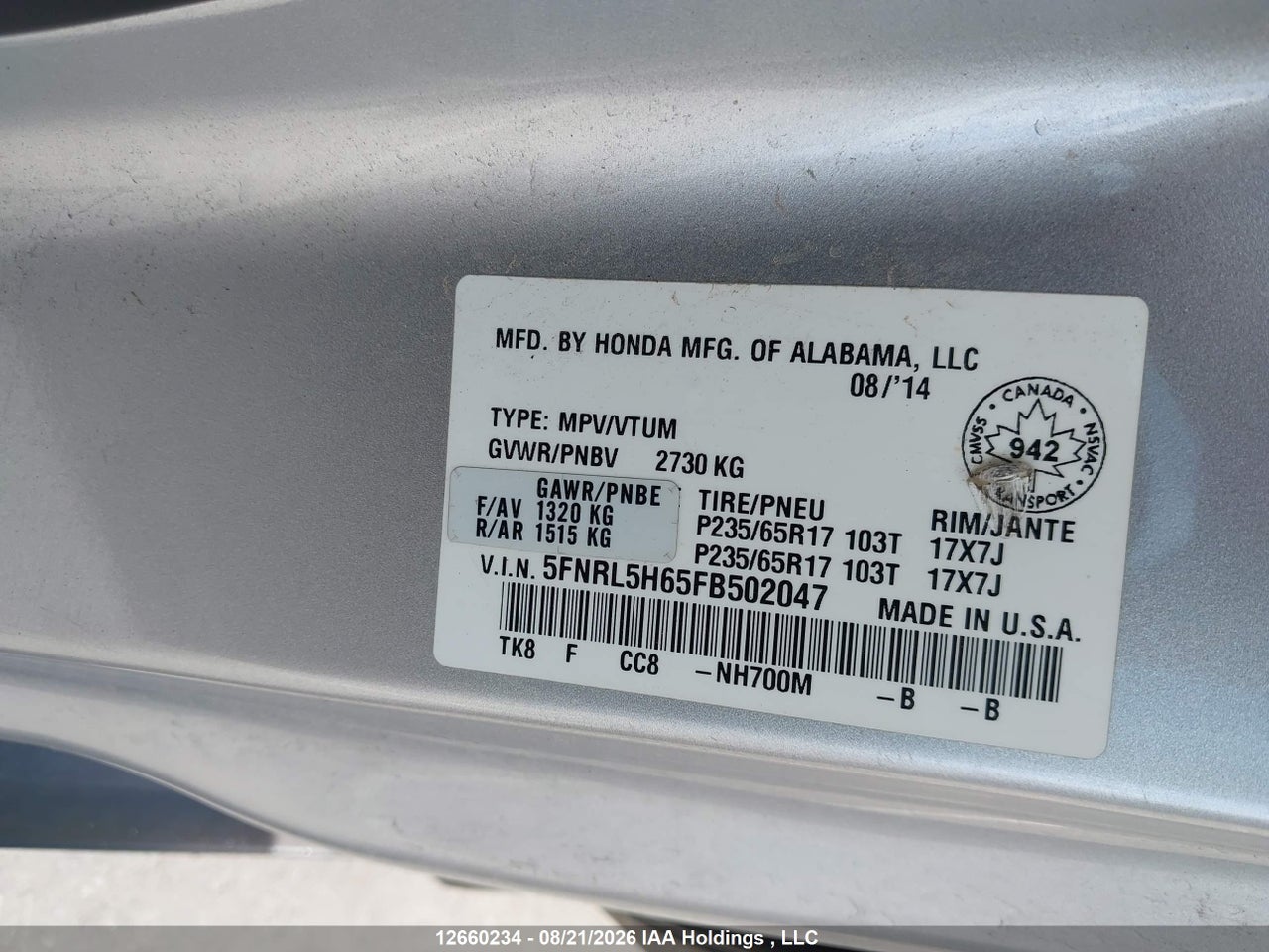 5FNRL5H65FB502047 · 2015 HONDA ODYSSEY · 9/20