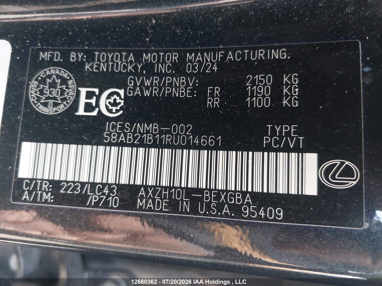 58AB21B11RU014661 · 2024 LEXUS ES 300H · 9/19