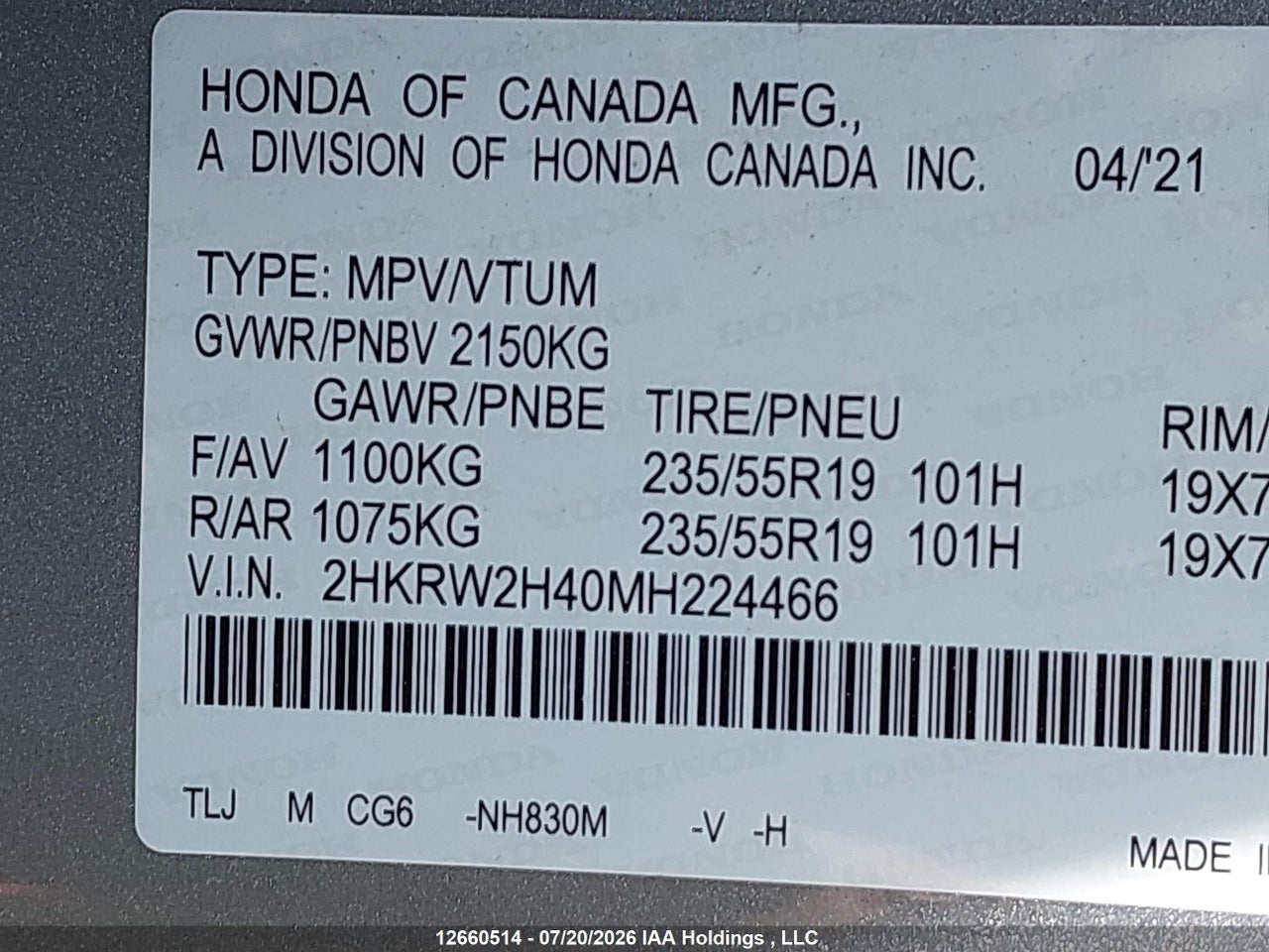 2HKRW2H40MH224466 · 2021 HONDA CR-V SPORT · 9/21