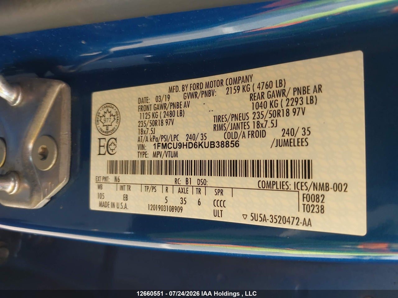 1FMCU9HD6KUB38856 · 2019 FORD ESCAPE · 9/17