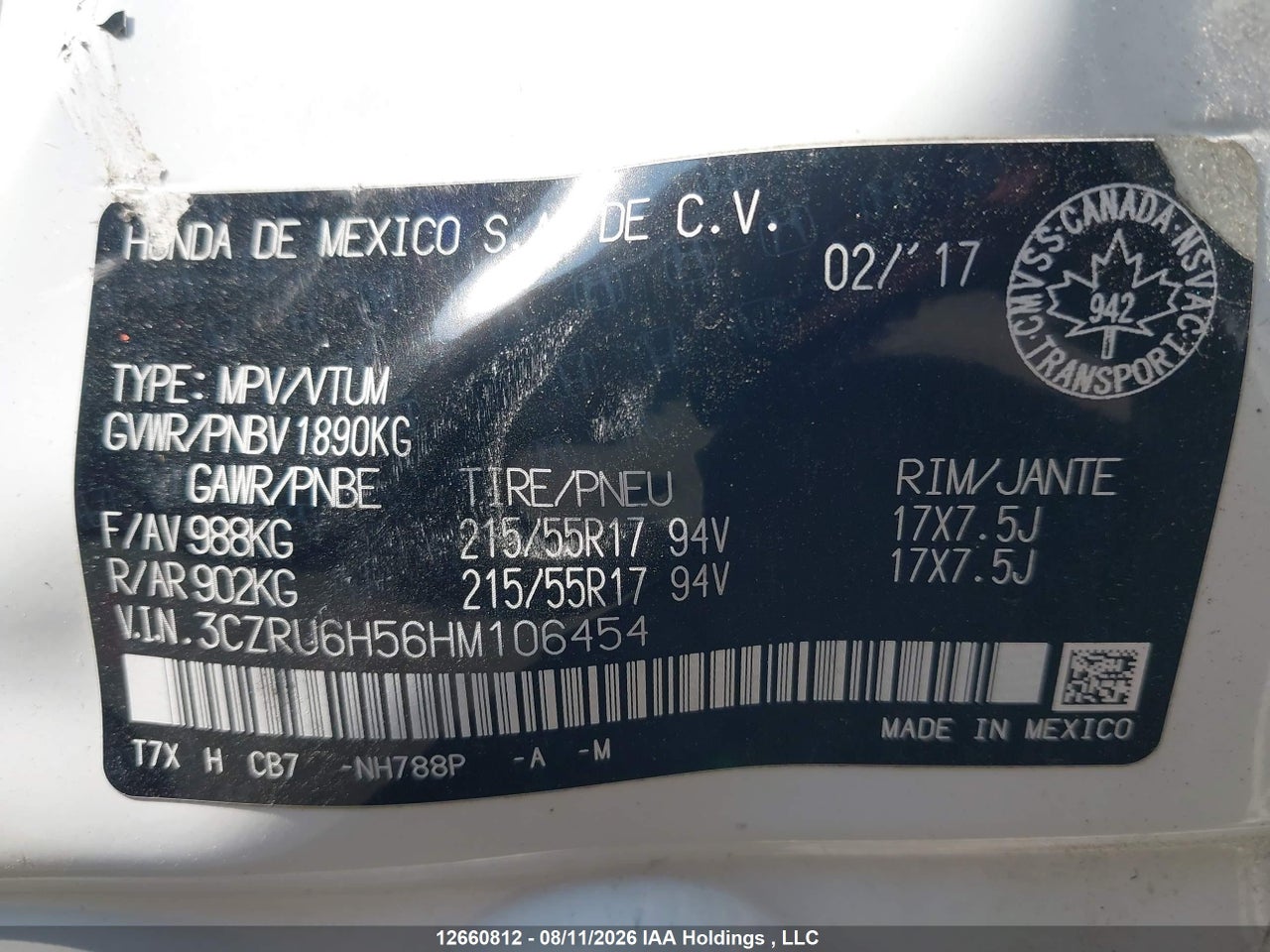 3CZRU6H56HM106454 · 2017 HONDA HR-V EX · 9/17