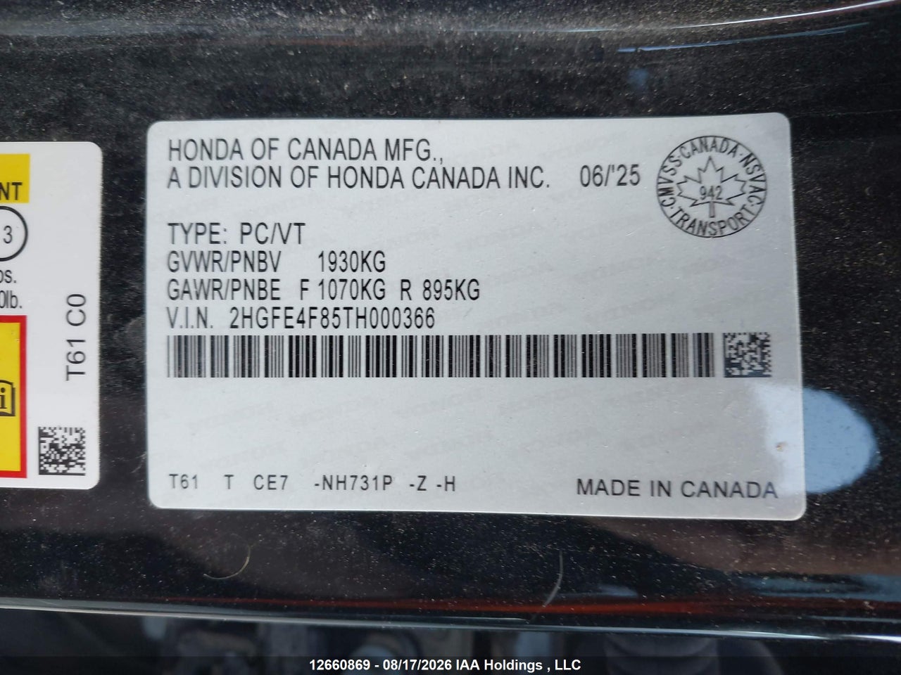 2HGFE4F85TH000366 · 2026 HONDA CIVIC SPORT HYBRID/SPORT TOURING HYBRID · 9/17