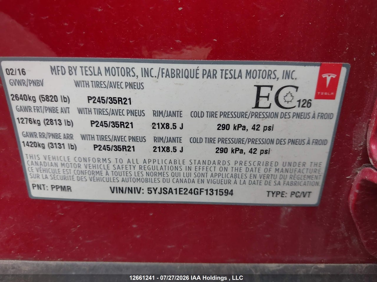 5YJSA1E24GF131594 · 2016 TESLA MODEL S · 9/24