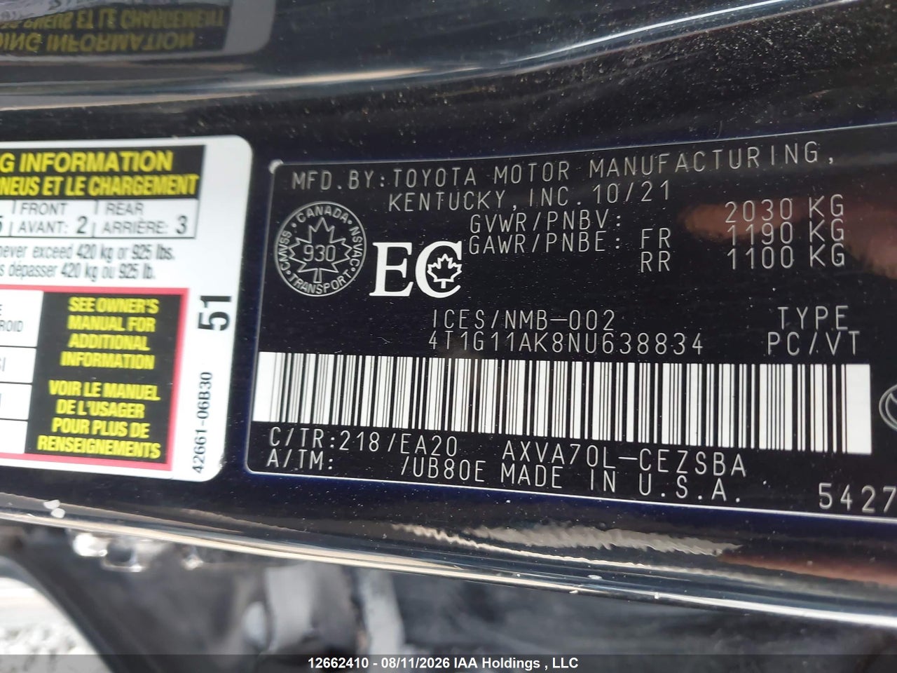 4T1G11AK8NU638834 · 2022 TOYOTA CAMRY · 9/10