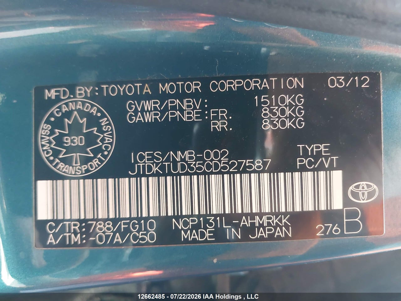 JTDKTUD35CD527587 · 2012 TOYOTA YARIS · 9/21