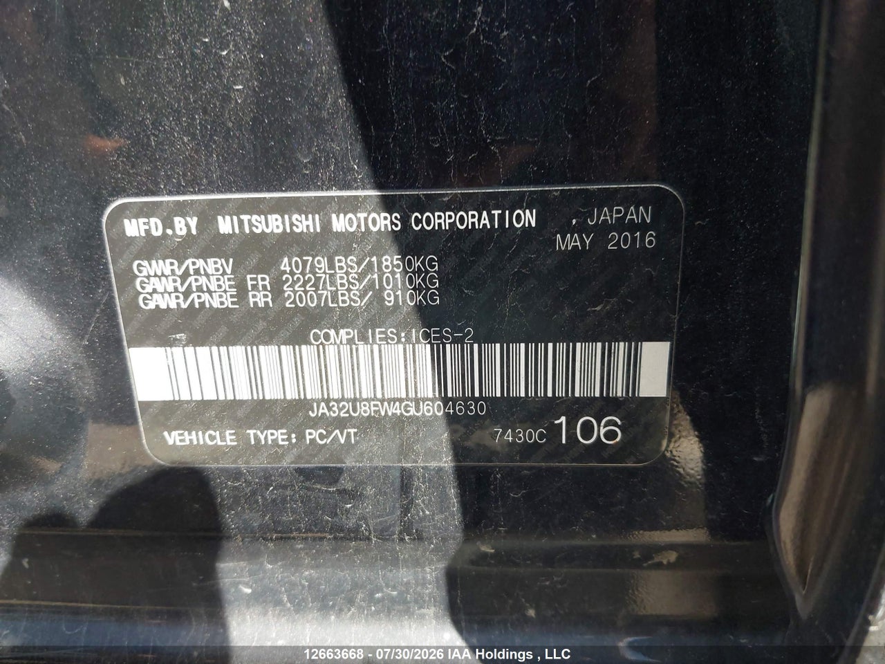 JA32U8FW4GU604630 · 2016 MITSUBISHI LANCER GT · 9/16