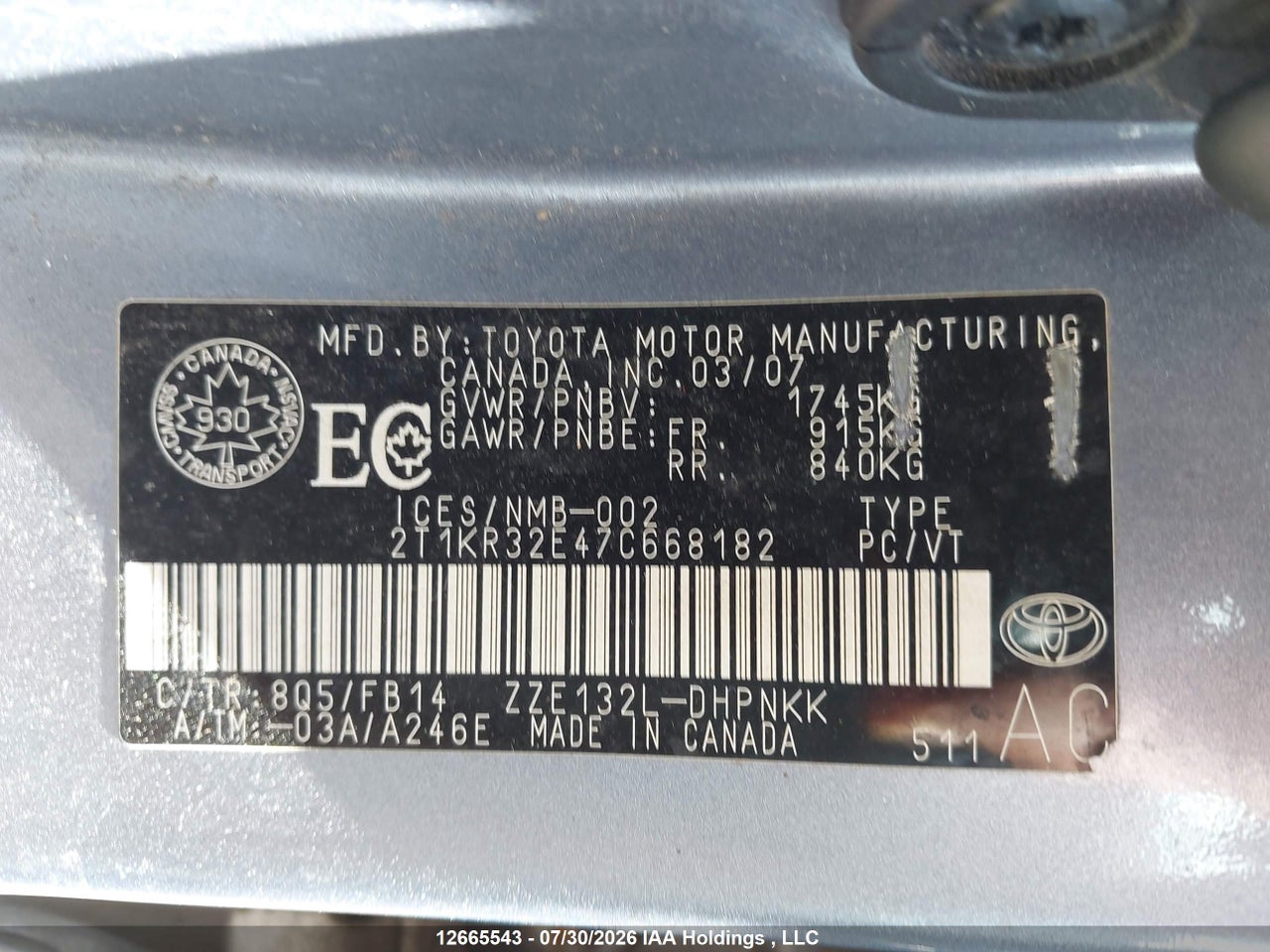 2T1KR32E47C668182 · 2007 TOYOTA COROLLA MATRIX XR · 9/19