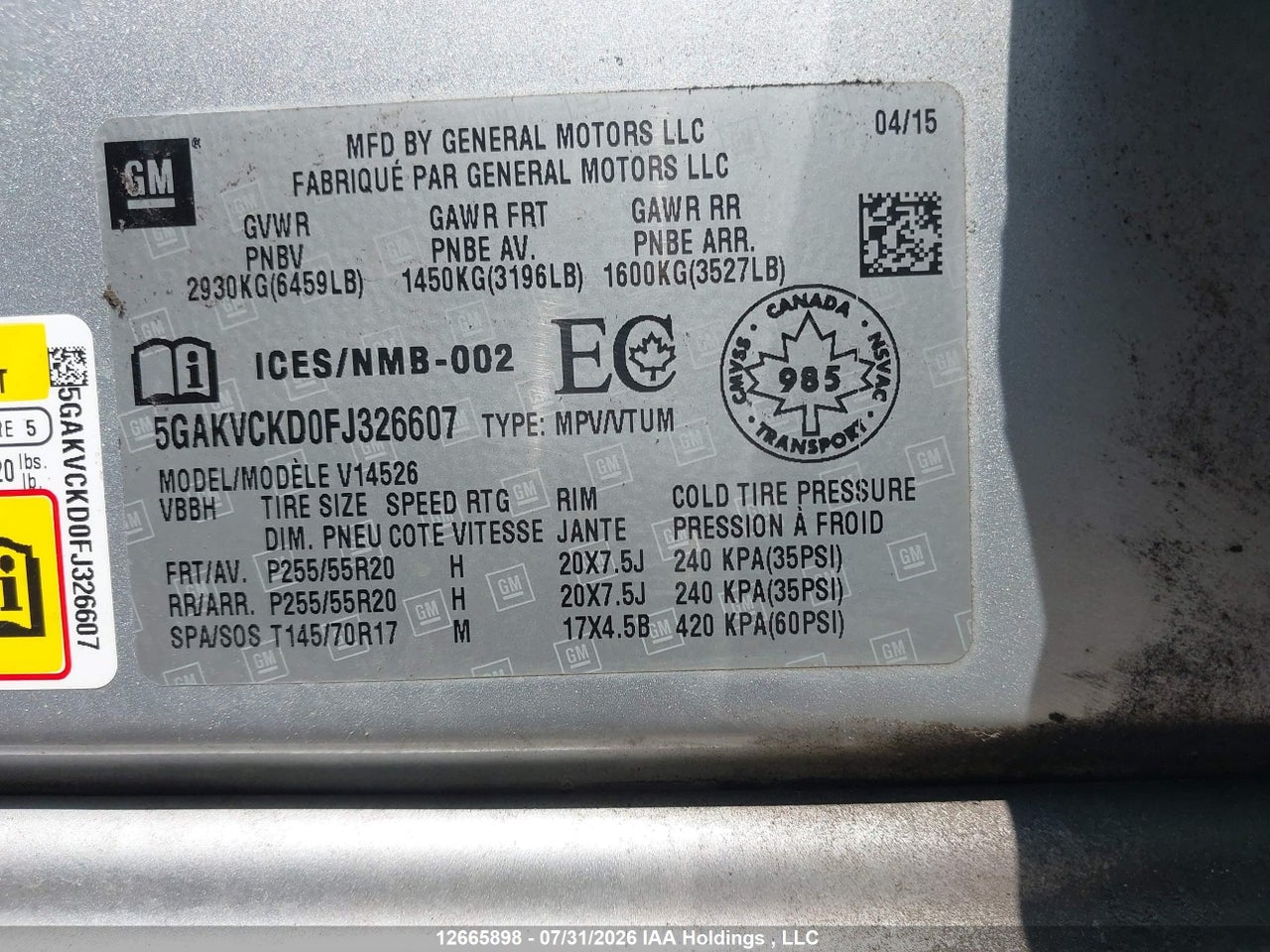 5GAKVCKD0FJ326607 · 2015 BUICK ENCLAVE · 9/22