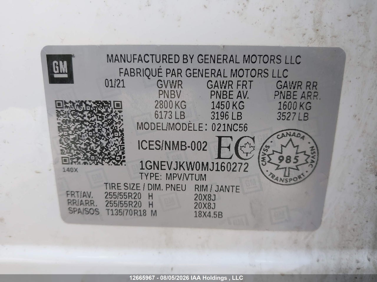 1GNEVJKW0MJ160272 · 2021 CHEVROLET TRAVERSE · 9/22