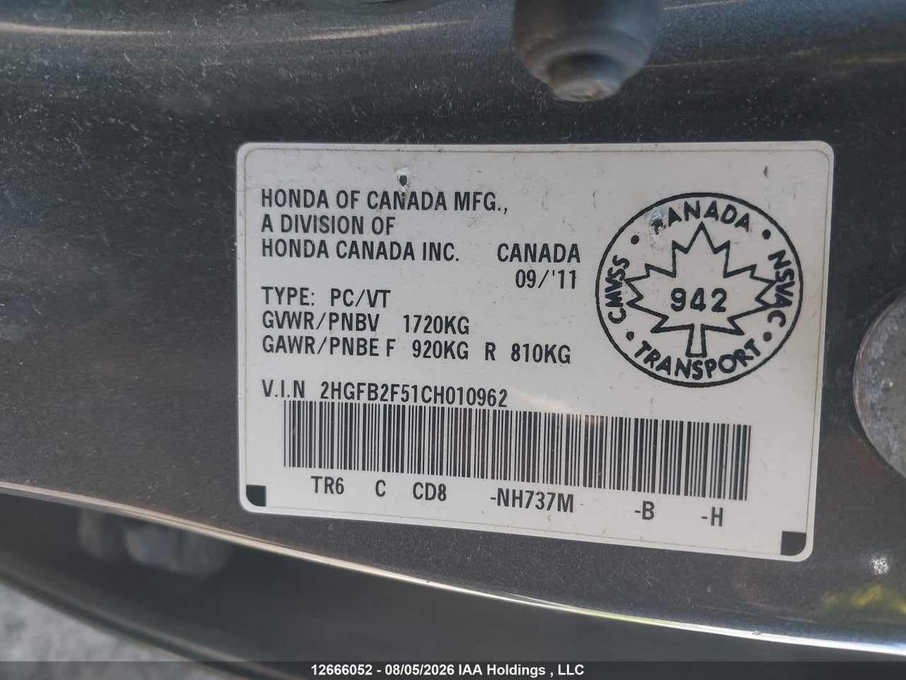 2HGFB2F51CH010962 · 2012 HONDA CIVIC LX · 9/17