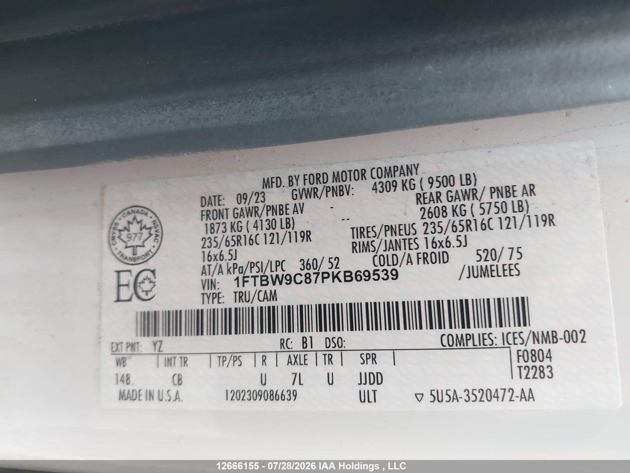 1FTBW9C87PKB69539 · 2023 FORD TRANSIT T-350 · 9/24