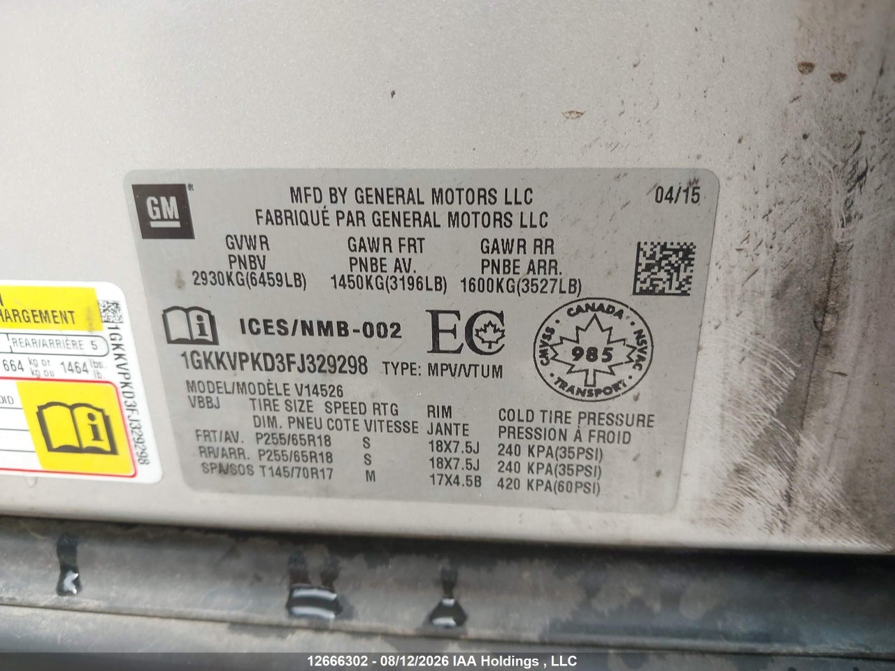 1GKKVPKD3FJ329298 · 2015 GMC ACADIA SLE · 9/20