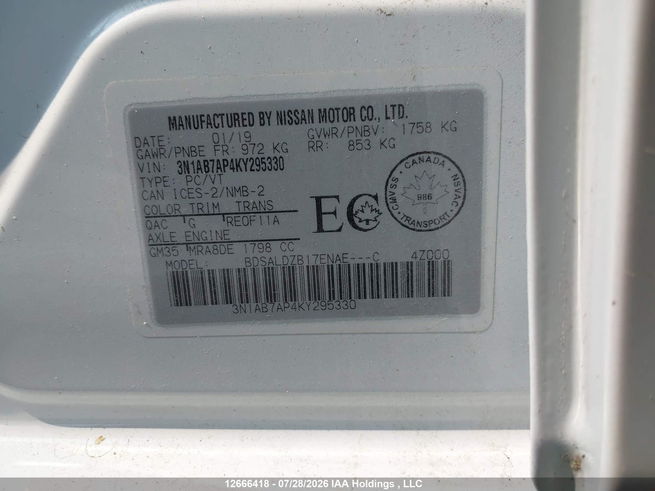3N1AB7AP4KY295330 · 2019 NISSAN SENTRA 1.8 S/1.8 SV · 9/17