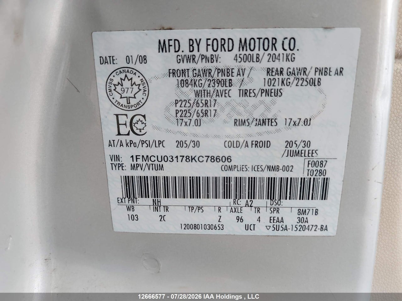 1FMCU03178KC78606 · 2008 FORD ESCAPE XLT · 9/22