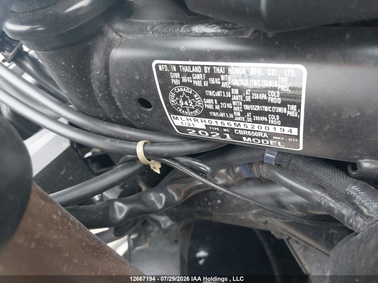 MLHRH0166M5200194 · 2021 HONDA CBR650 RA · 10/15